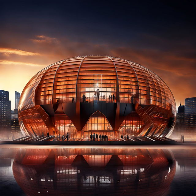 A sports stadium inspired by basketball with an orange exterior and black lines forming patterns like seams. The entrance is shaped like a hoop and windows follow patterns of lines on a ball. At night, it glows from within following these patterns. Inside, basketball players are in action.