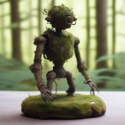 A humanoid automaton made of oxidized iron and covered in moss