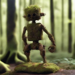 A humanoid automaton made of oxidized iron and covered in moss