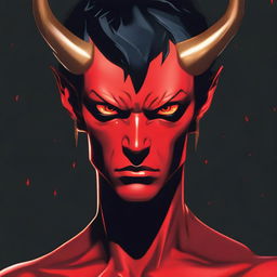 A non-binary red devil with short black hair and golden eyes