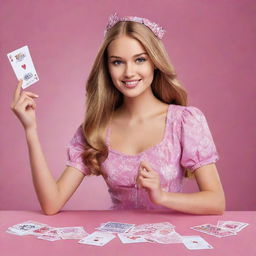 A dynamic image of a girl confidently holding playing cards, each card prominently featuring the text 'Barbie Gaming'.