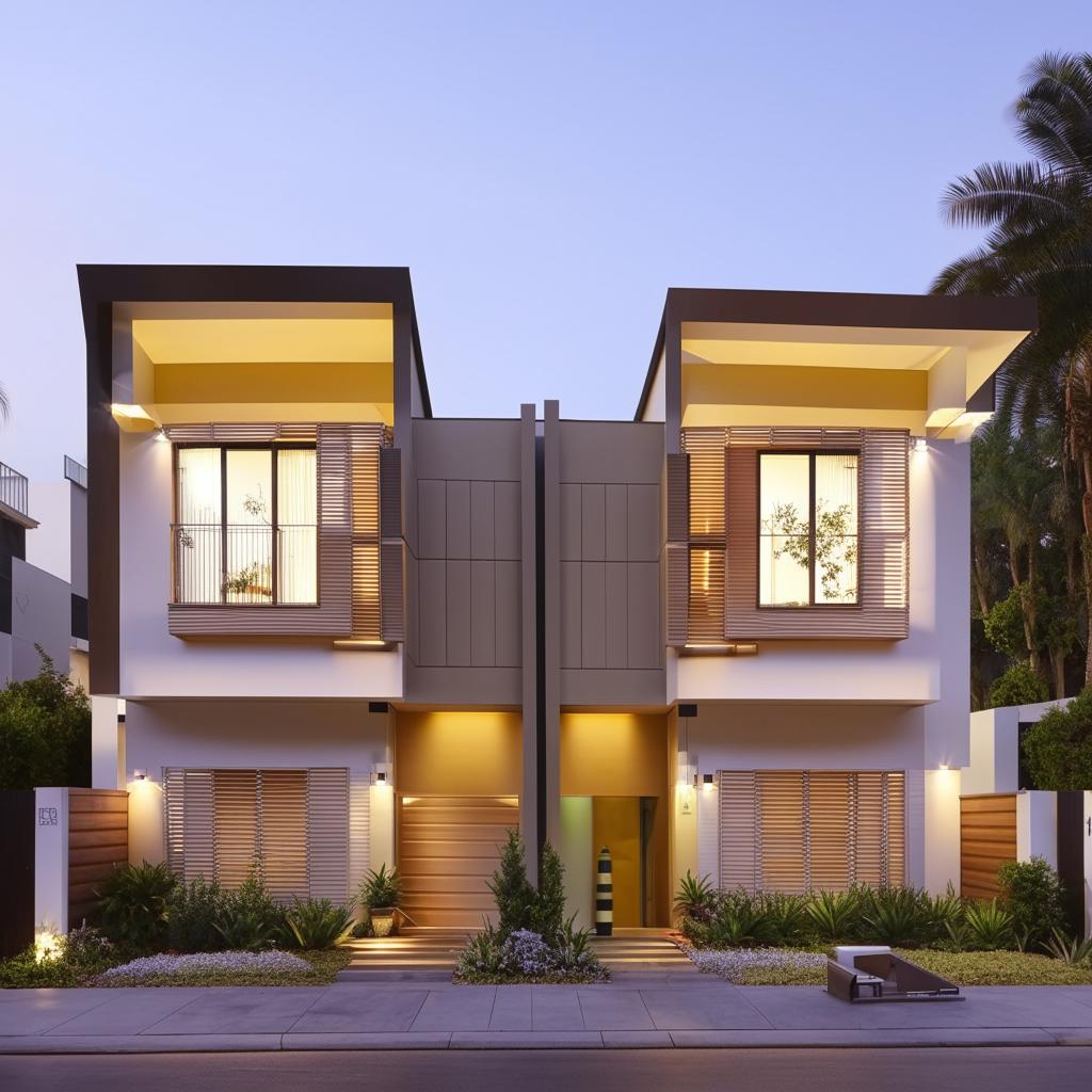 A 35*34 square feet duplex house exterior with a modern design. Features large windows, neutral colors, and vibrant landscaping.