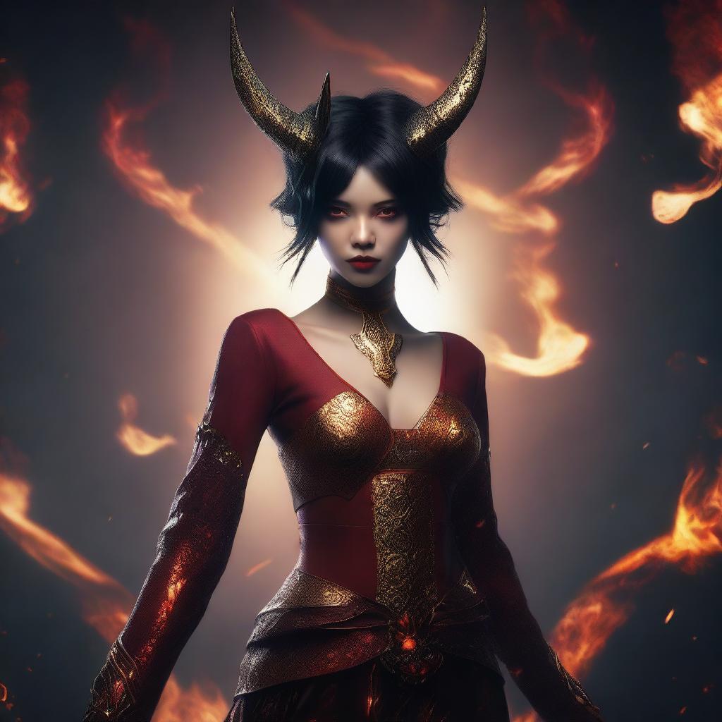 A non-binary female red demon with short black hair, golden eyes, and horns that sweep back