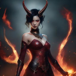 A non-binary female red demon with short black hair, golden eyes, and horns that sweep back