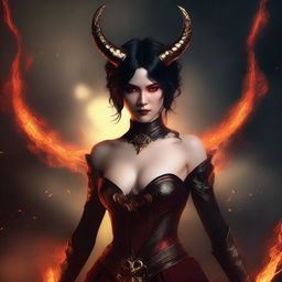 A non-binary female red demon with short black hair, golden eyes, and horns that sweep back