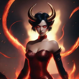 A non-binary female red demon with short black hair, golden eyes, and horns that sweep back