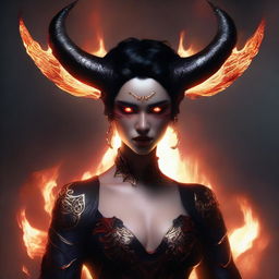 A non-binary female demon with red skin, short black hair, golden eyes, and horns that sweep back