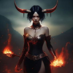 A non-binary female demon with red skin, short black hair, golden eyes, and horns that sweep back