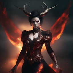 A non-binary female demon with red skin, short black hair, golden eyes, and horns that sweep back