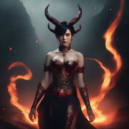 A non-binary female demon with red skin, short black hair, golden eyes, and horns that sweep back