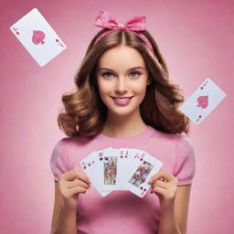 A dynamic image of a girl confidently holding playing cards, each card prominently featuring the text 'Barbie Gaming'.