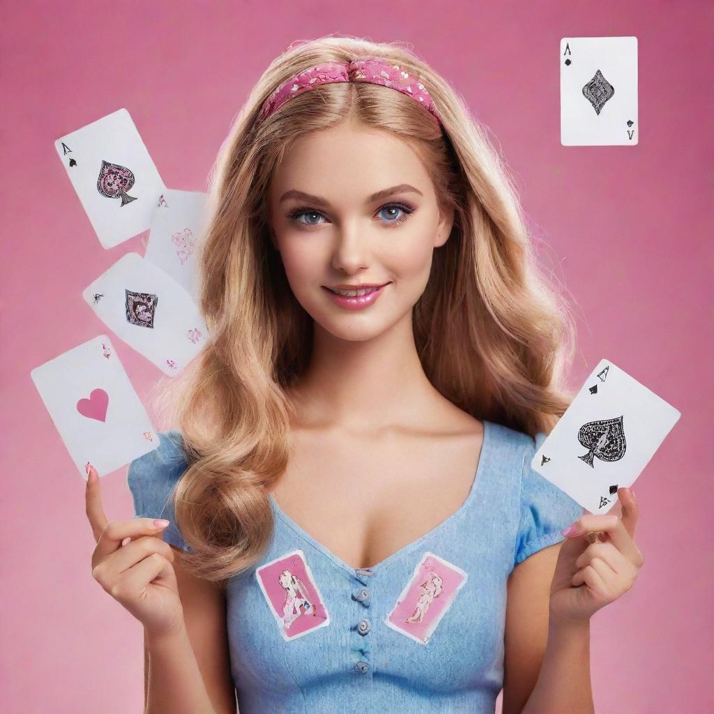 A dynamic image of a girl confidently holding playing cards, each card prominently featuring the text 'Barbie Gaming'.