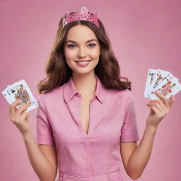 A dynamic image of a girl confidently holding playing cards, each card prominently featuring the text 'Barbie Gaming'.