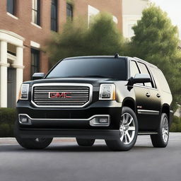 A black 2014 GMC Yukon XL from a front left side angle view, showcasing the vehicle's sleek design and robust build