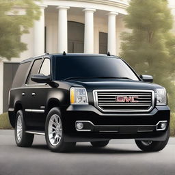 A black 2014 GMC Yukon XL from a front left side angle view, showcasing the vehicle's sleek design and robust build