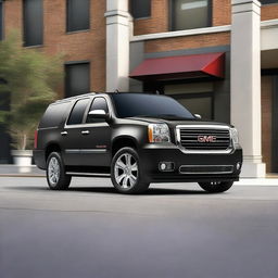 A black 2014 GMC Yukon XL from a front left side angle view, showcasing the vehicle's sleek design and robust build