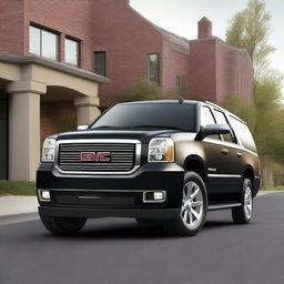 A black 2014 GMC Yukon XL from a front left side angle view, showcasing the vehicle's sleek design and robust build