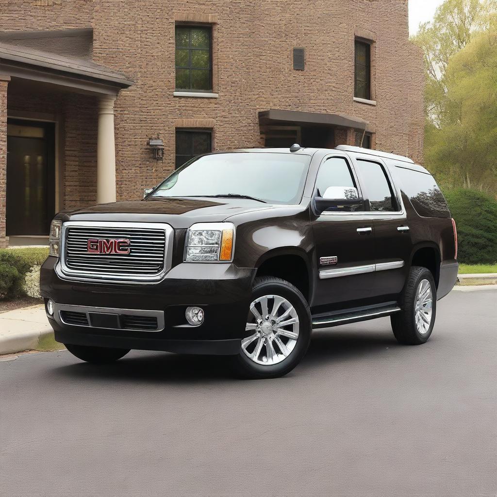 A black 2014 GMC Yukon XL from a front left side angle view, but with a front end swap featuring the front of a 2010 GMC Sierra 1500