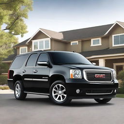 A black 2014 GMC Yukon XL from a front left side angle view, but with a front end swap featuring the front of a 2010 GMC Sierra 1500