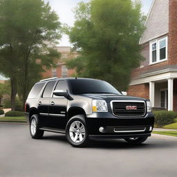 A black 2014 GMC Yukon XL from a front left side angle view, but with a front end swap featuring the front of a 2010 GMC Sierra 1500