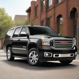 A black 2014 GMC Yukon XL from a front left side angle view, but with a front end swap featuring the front of a 2010 GMC Sierra 1500