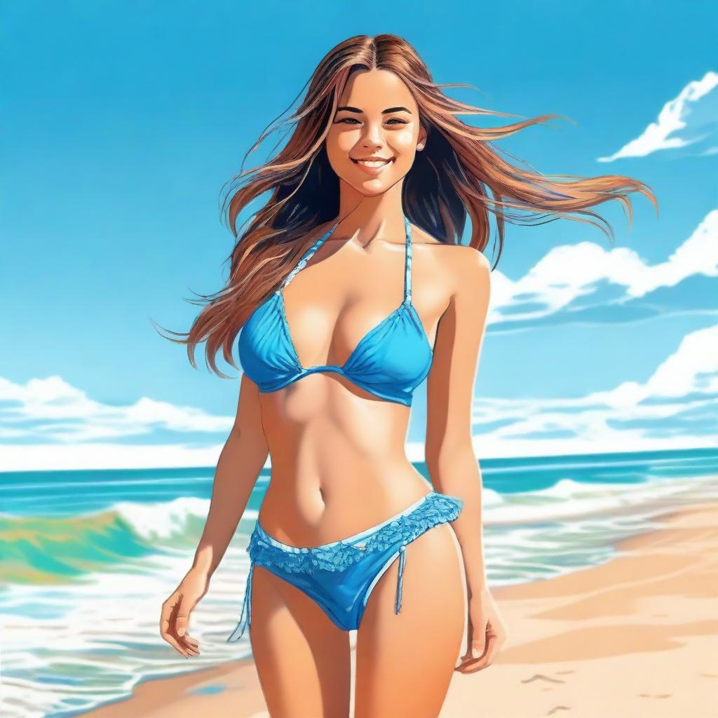 A girl in a bikini posing on the beach with a bright blue sky and ocean waves in the background