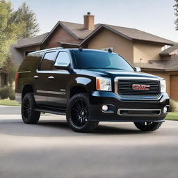 A black 2014 GMC Yukon XL from a front left side angle view, but with a front end swap featuring the front of a 2010 GMC Sierra 1500