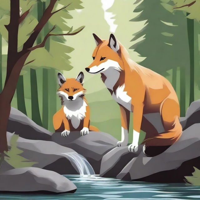 Create an image featuring a wolf and a fox together in a natural setting