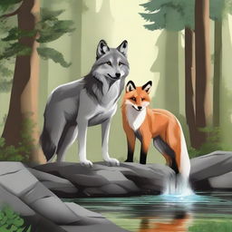 Create an image featuring a wolf and a fox together in a natural setting