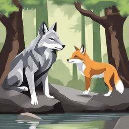 Create an image featuring a wolf and a fox together in a natural setting