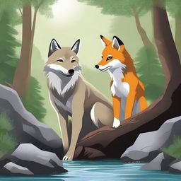 Create an image featuring a wolf and a fox together in a natural setting