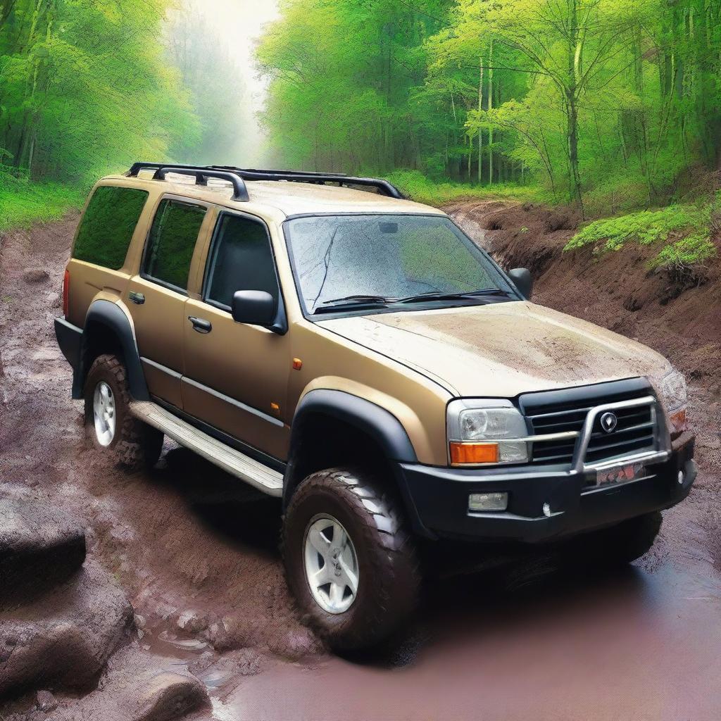 Create an image depicting a vehicle that has accidentally gone offroading