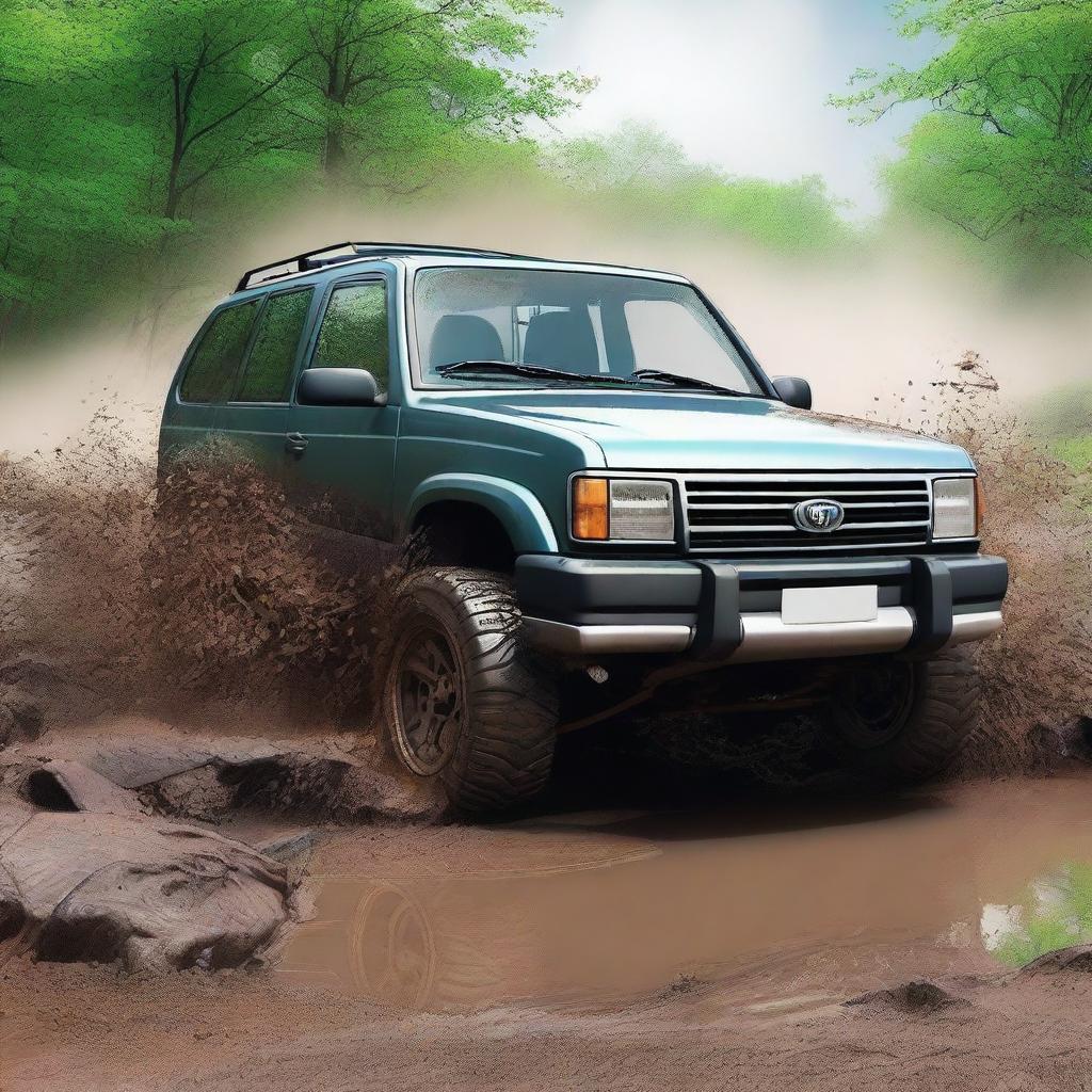 Create an image depicting a vehicle that has accidentally gone offroading