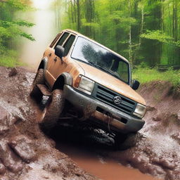 Create an image depicting a vehicle that has accidentally gone offroading