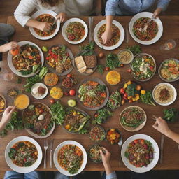 Direct view of vegetarians happily enjoying a variety of vibrant, plant-based meals around a beautifully set table