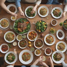 Direct view of vegetarians happily enjoying a variety of vibrant, plant-based meals around a beautifully set table