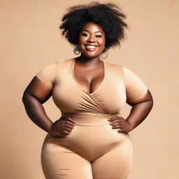 A portrait of a confident black woman with a curvy figure, emphasizing her natural beauty and elegance