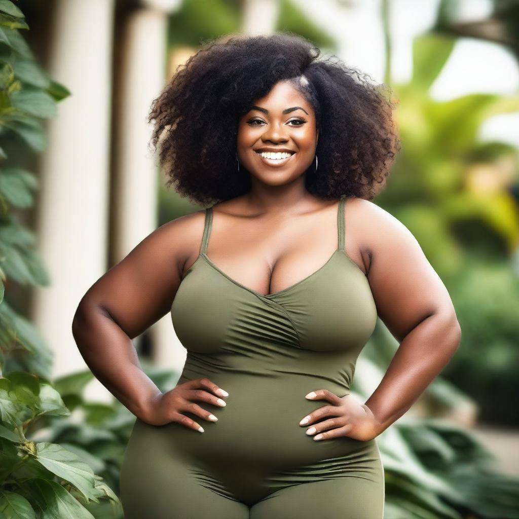 A portrait of a confident black woman with a curvy figure, standing in a beautiful natural setting