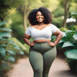 A portrait of a confident black woman with a curvy figure, standing in a beautiful natural setting