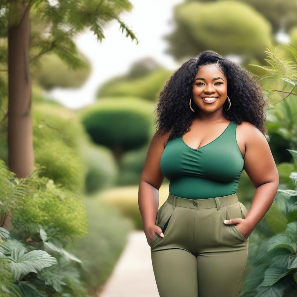 A portrait of a confident black woman with a curvy figure, standing in a beautiful natural setting