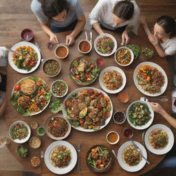 Direct view of vegetarians happily enjoying a variety of vibrant, plant-based meals around a beautifully set table