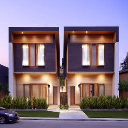 A 35*34 square feet duplex house exterior with a modern design. Features large windows, neutral colors, and vibrant landscaping.