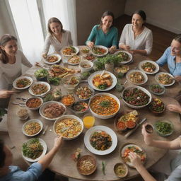 Direct view of vegetarians happily enjoying a variety of vibrant, plant-based meals around a beautifully set table