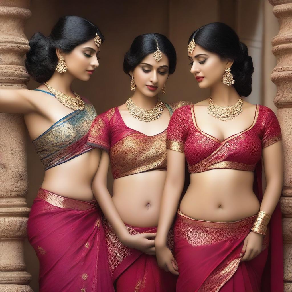 A beautiful scene featuring Indian girls wearing traditional sarees paired with elegant bras