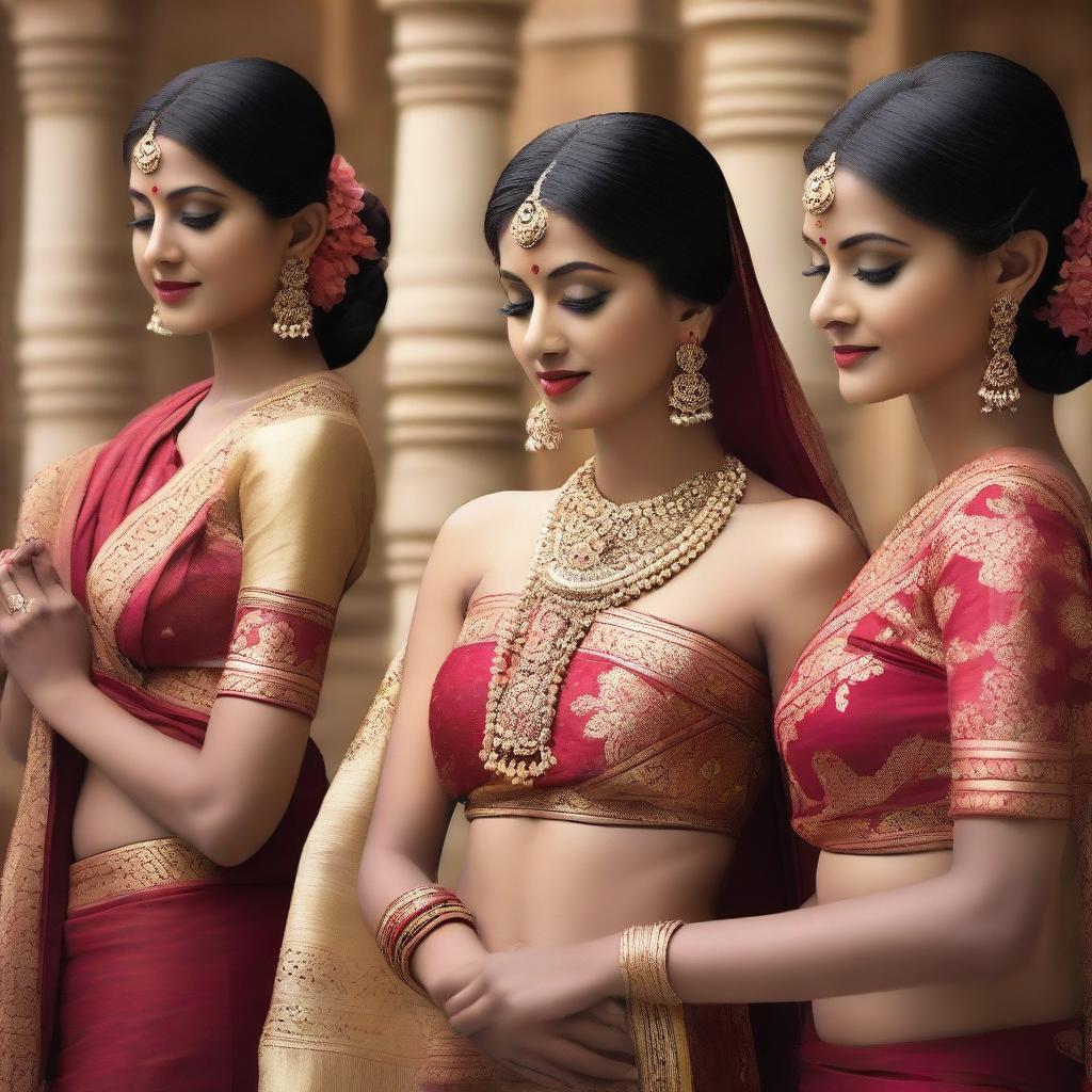 A beautiful scene featuring Indian girls wearing traditional sarees paired with elegant bras