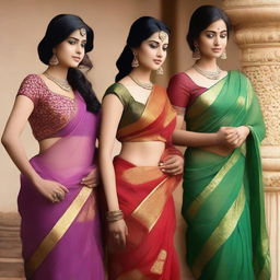 A beautiful scene featuring Indian girls wearing traditional sarees paired with elegant bras