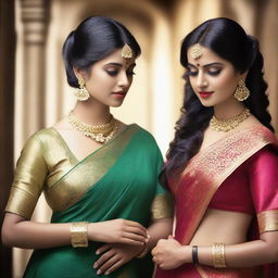 A beautiful scene featuring Indian girls wearing traditional sarees paired with elegant blouses