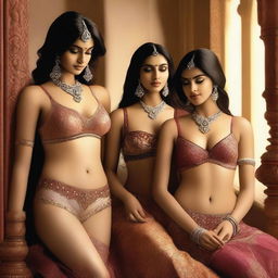 A tasteful and artistic depiction of Indian girls wearing elegant bras in a sophisticated setting