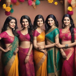 A group of Indian girls wearing traditional sarees paired with bras, showcasing the vibrant colors and intricate designs of the sarees