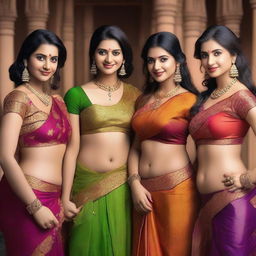 A group of Indian girls wearing traditional sarees paired with bras, showcasing the vibrant colors and intricate designs of the sarees